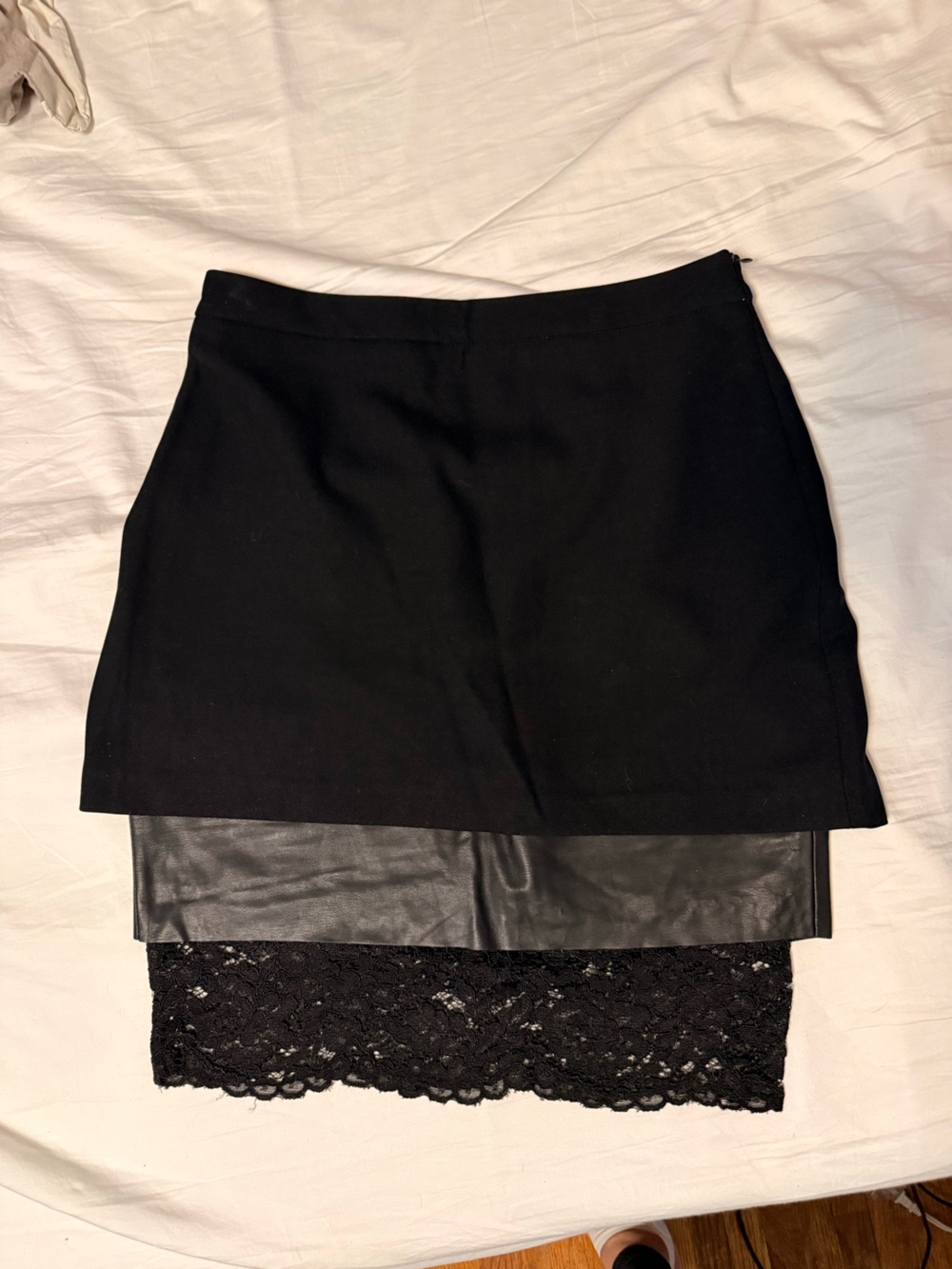 Zara Black Layered Mini Skirt with Faux-Leather and Lace Trim